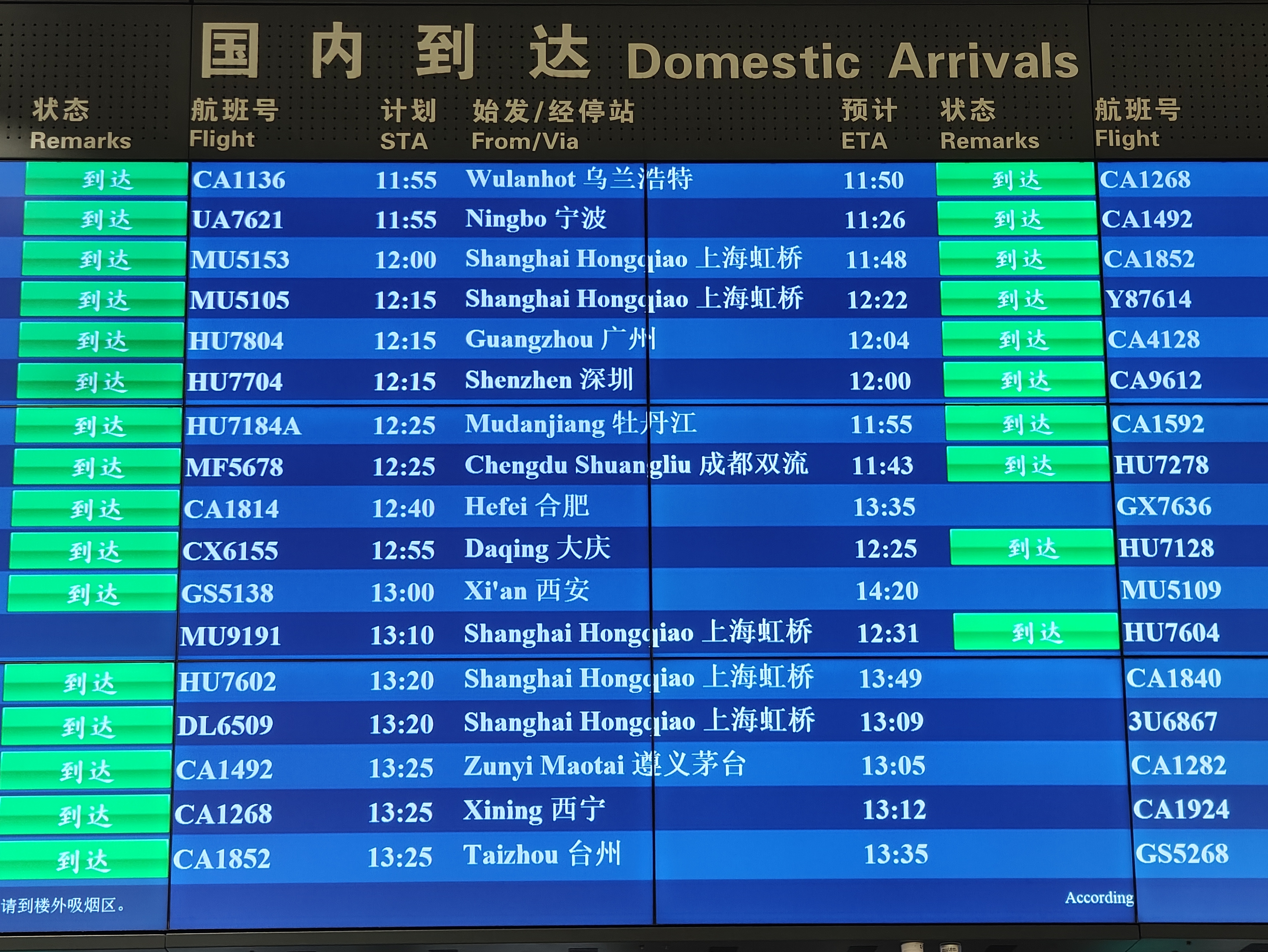首都機(jī)場(chǎng)大屏顯示，MU9191航班于12:31順利到達(dá)。人民網(wǎng)記者 夏曉倫攝