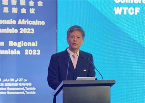 2023世界旅游城市聯(lián)合會非洲區(qū)域突尼斯會議 世界旅游城市聯(lián)合會常務(wù)副秘書長李寶春致辭。主辦方供圖