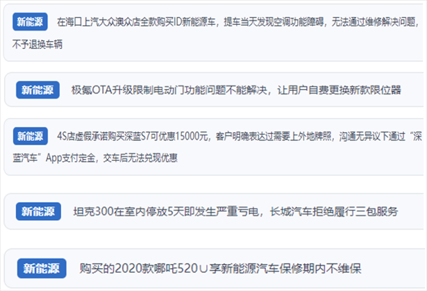 “人民投訴”用戶吐槽新能源汽車功能障礙多發(fā)、升級(jí)后配套服務(wù)跟不上、虛假優(yōu)惠、保修期內(nèi)不維保的問(wèn)題。（“人民投訴”平臺(tái)截圖）