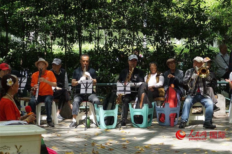 成都居民在公園里演奏歌曲。人民網(wǎng) 王禹蘅攝